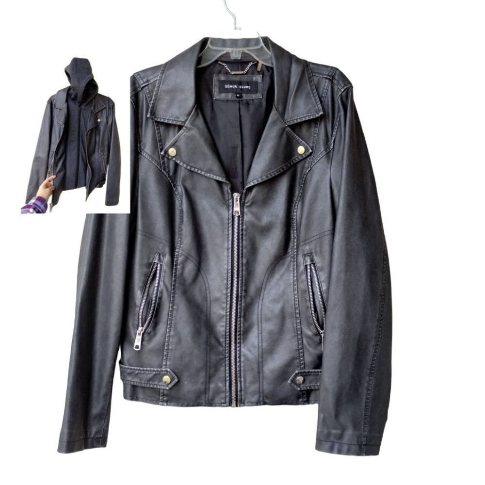 Black Rivet Vegan Leather Removable Hoodie Moto Jacket - Fits M - Carchoal/Black - Picture 1 of 16